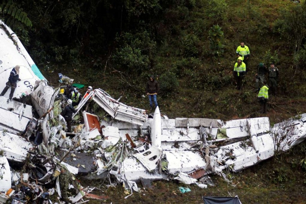 Debris of the plane carrying the Brazilian football team Chapecoense, that crashed in a mountainous area outside the Colombian city of Medellin. Photo: Reuters