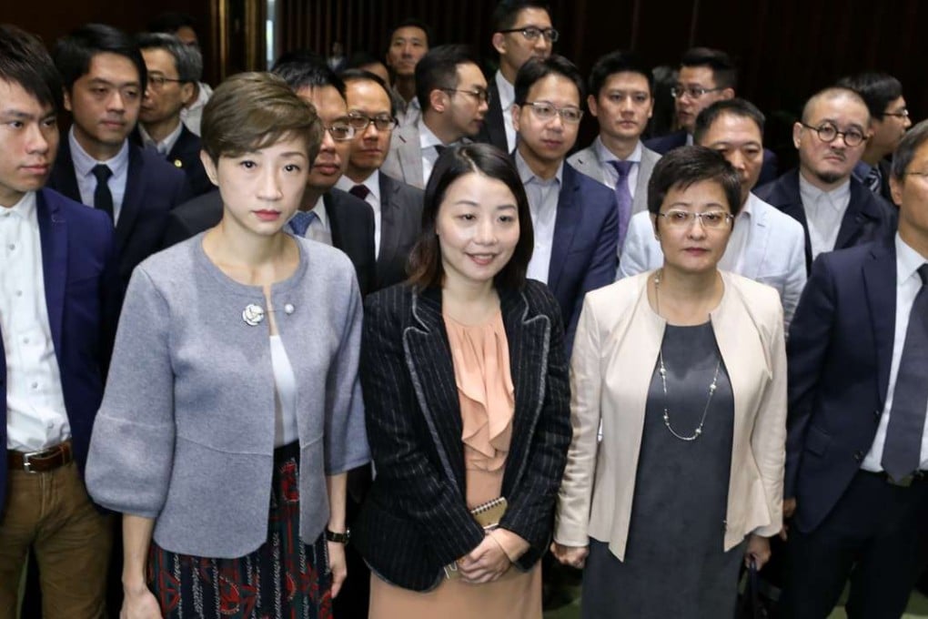 Pro-democratic lawmakers at a press conference on Wednesday. While the central government was getting tough on those calling forHong Kong independence, it was willing to communicate with people who had different views, on the condition that they backed “one country, two systems” and China’s resumption of Hong Kong’s sovereignty, the mainland expert said. Photo: Dickson Lee