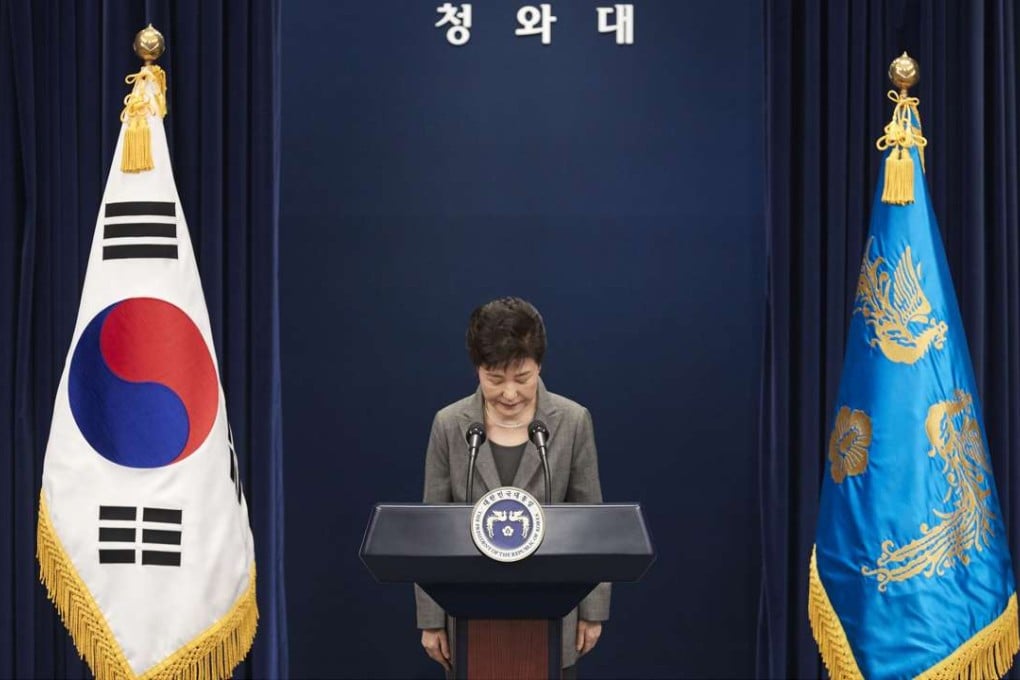 South Korean President Park Geun-hye bows during her speech to the nation at the presidential Blue House in Seoul. Photo: Xinhua