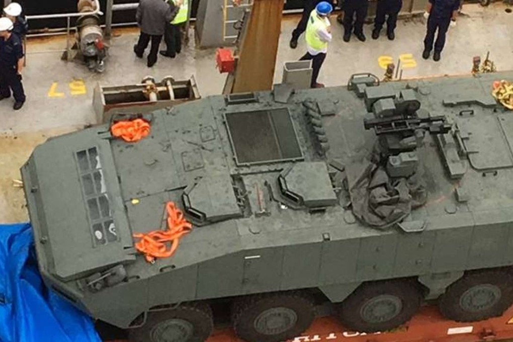 One of the armoured vehicles found in Kwai Chung Cargo Terminal. Photo: SCMP
