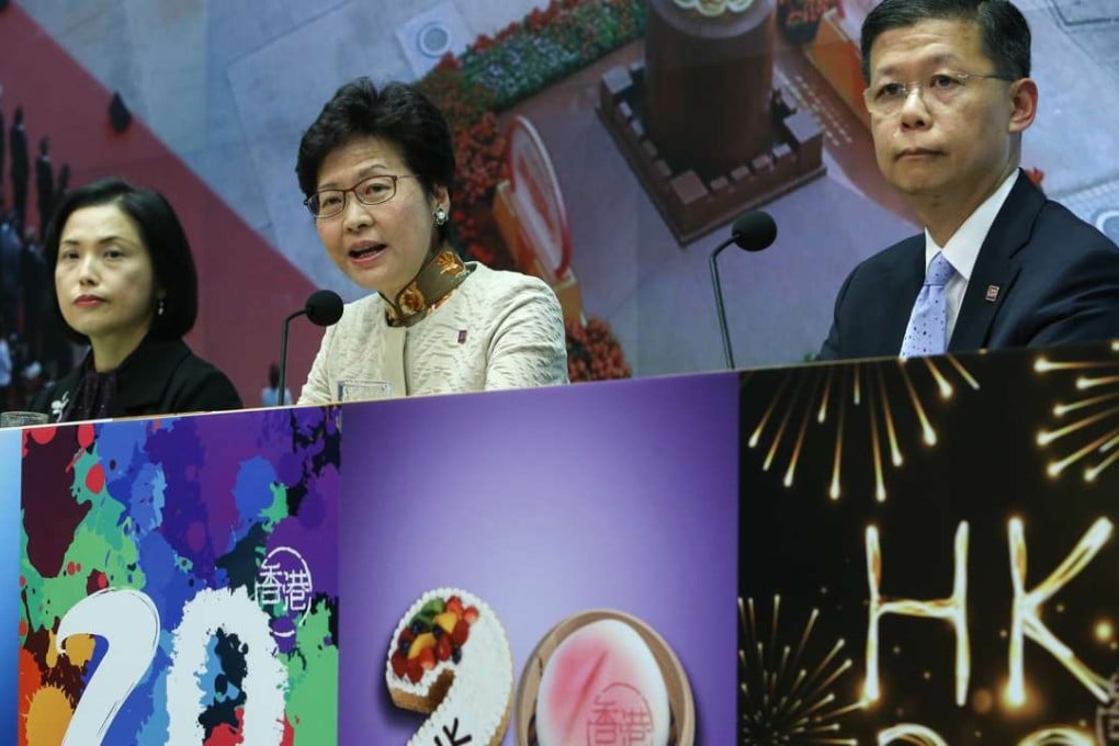Betty Fung, permanent secretary for Home Affairs; Carrie Lam Cheng Yuet-ngor, Chief Secretary; and Gordon Leung, director of Project Planning Office, in Admiralty on Friday explaining the anniversary preparations. Photo: Dickson Lee