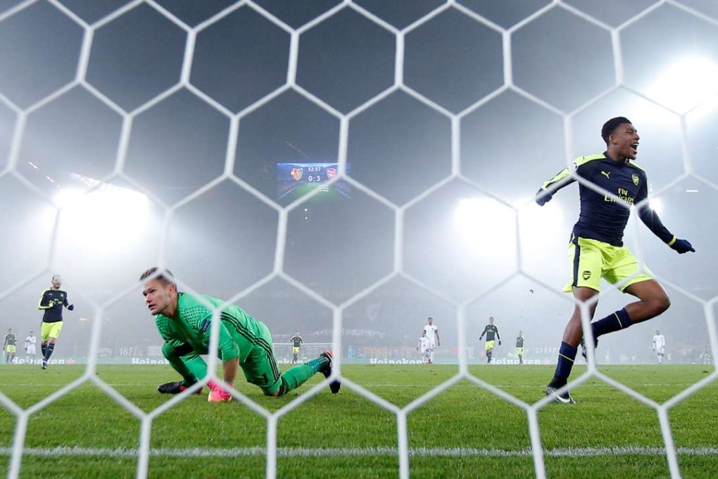 Arsenal’s Alex Iwobi celebrates scoring his team’s fourth goal in the 4-1 win over Basel in Switzerland. Photo: Reuters