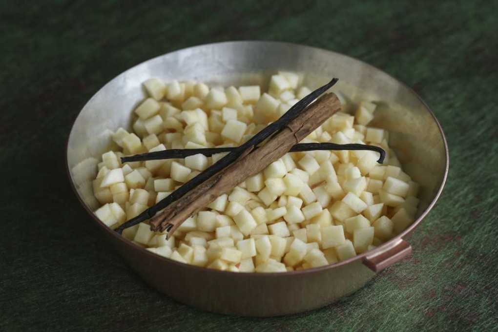 Diced apple, vanilla and cinnamon sticks for caramelised apple confit. Photography: Jonathan Wong. Styling: Nellie Ming Lee