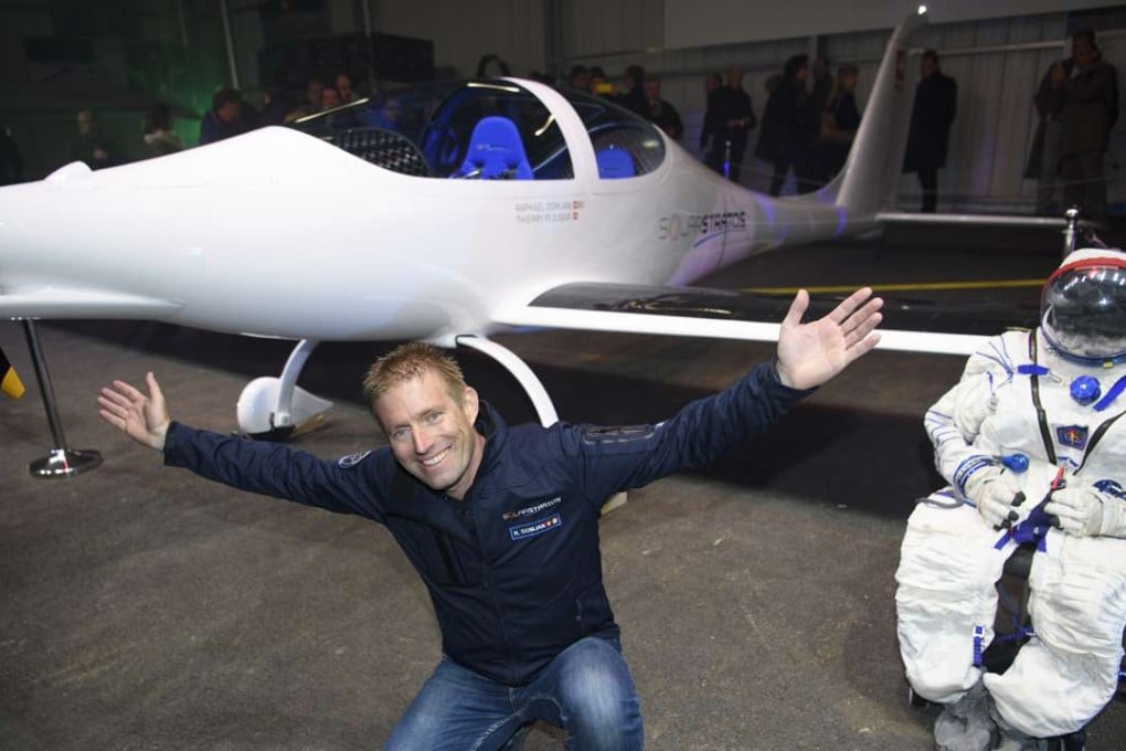 Swiss adventurer Raphael Domjan with the solar-powered plane SolarStratos. Photo: AP