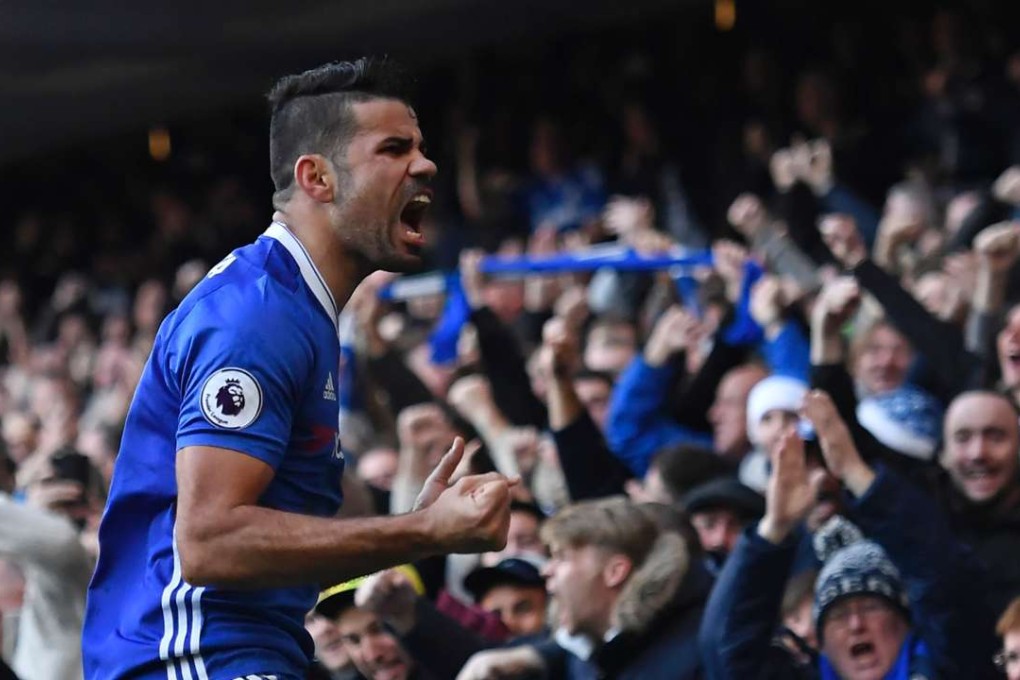 Chelsea's Brazilian-born Spanish striker Diego Costa celebrates after scoring against West Bromwich Albion at Stamford Bridge. Photo: AFP