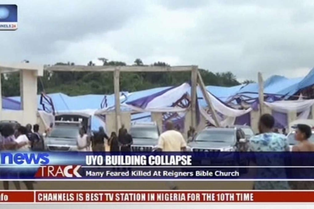 The evangelical Reigners Bible Ministry in Uyo, capital of Akwa Ibom state was packed with worshippers when the roof - which was still under construction - collapsed. Photo: AP