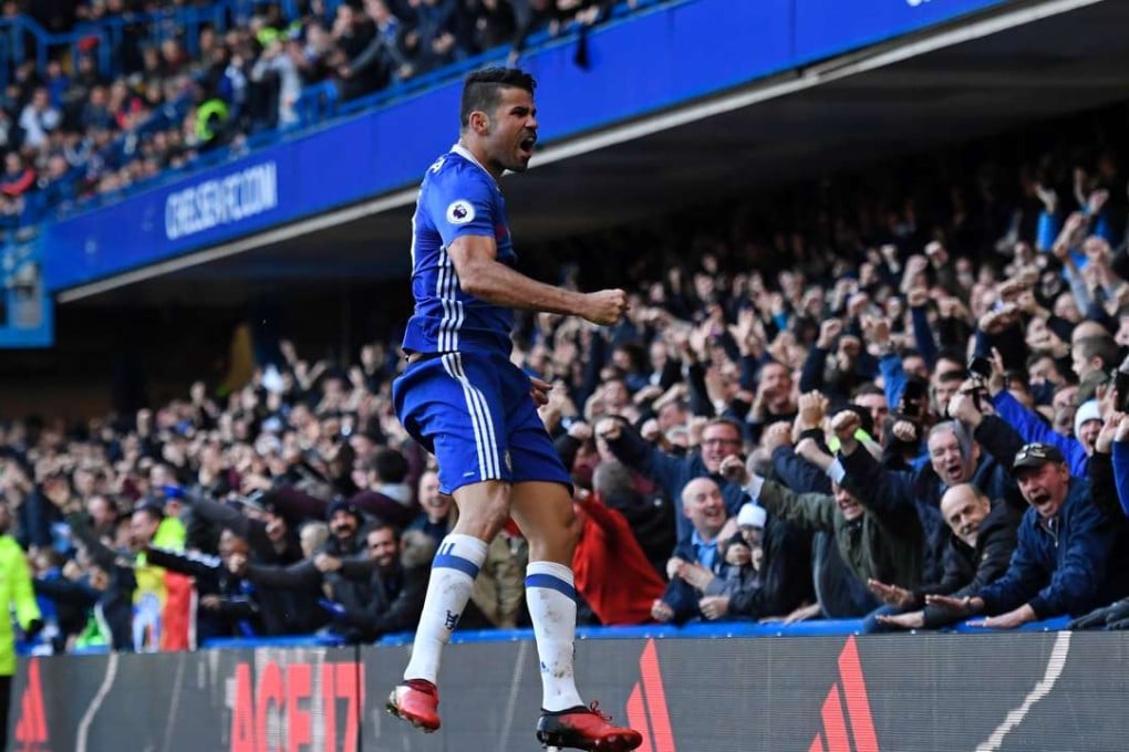 Diego Costa celebrates after scoring for Chelsea in their 1-0 win over West Bromwich Albion at Stamford Bridge. Photo: AFP