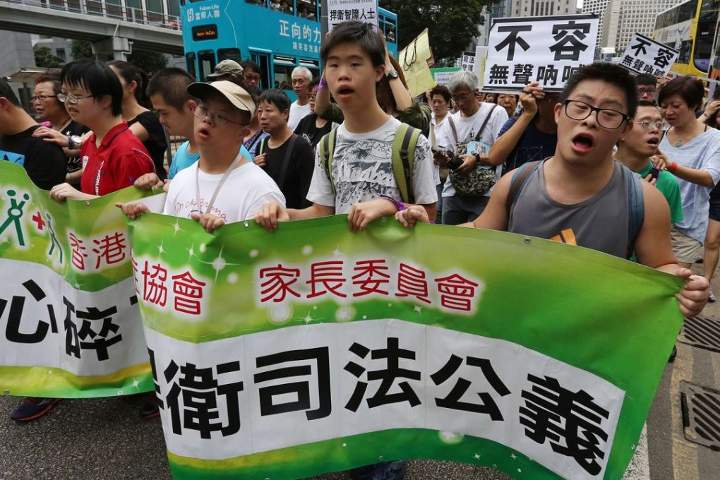 Concern groups protest against the dropping of sexual assault charges against the former head of a care home in Kwai Chung, on the grounds that the victim was unfit to give evidence due to post-traumatic stress. Photo: Jonathan Wong