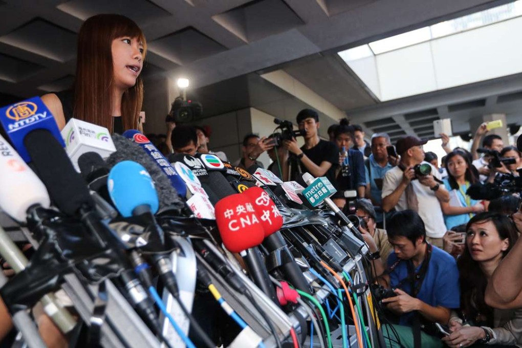 Newly elected localist lawmaker Yau Wai-ching holds court with the media after being disqualified from taking her seat in Legco over the way she took her oath during the October 12 swearing-in ceremony. Photo: Edward Wong