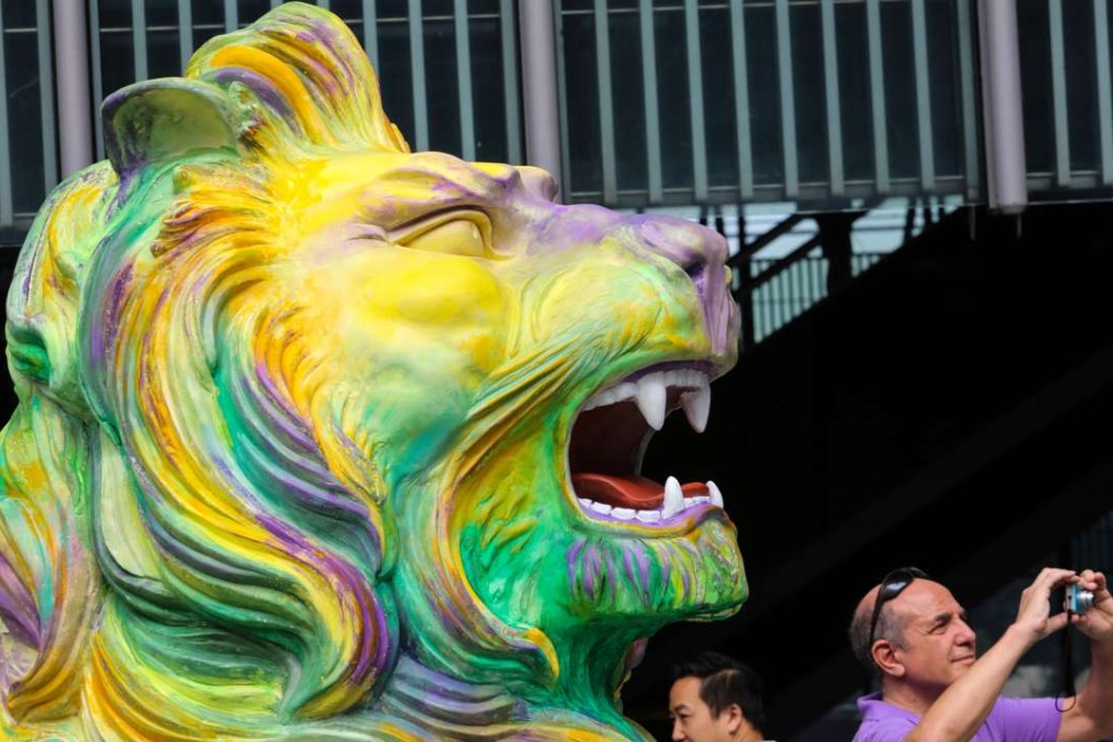 One of the two rainbow lion statues outside HSBC headquarters in Central. Photo: Felix Wong