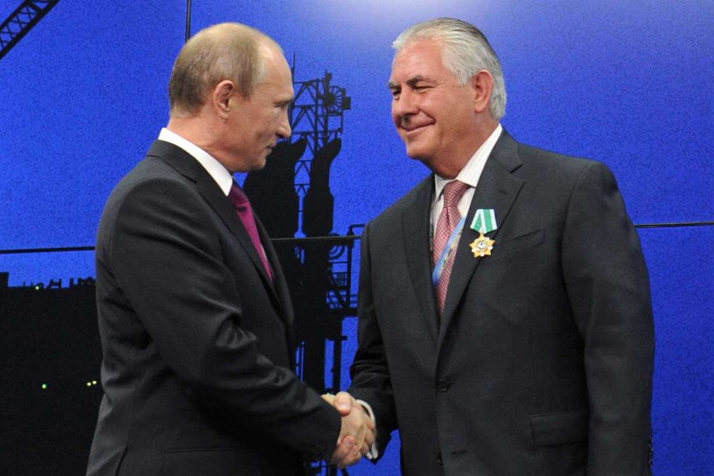 Russia;s President Vladimir Putin (left) with ExxonMobil chief executive Rex Tillerson, who has been nominated for role of the US secretary of state. Photo: AP