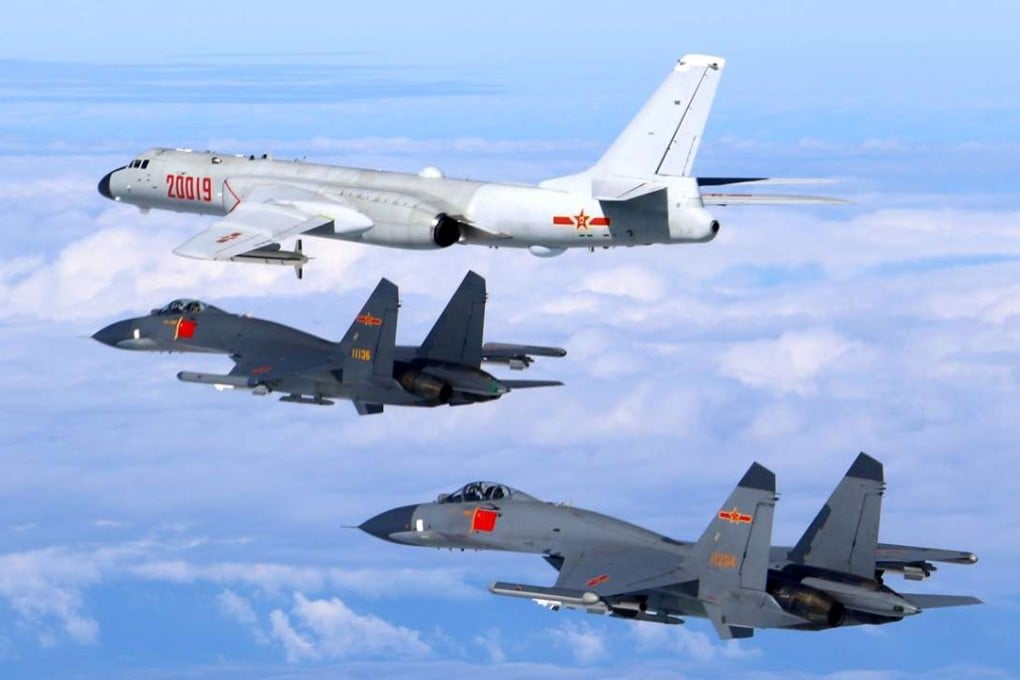 Pictures released by the Chinese air force on Sunday show a PLA H-6K bomber and two J-11 fighter jets on an unspecified training mission. Photo: Xinhua