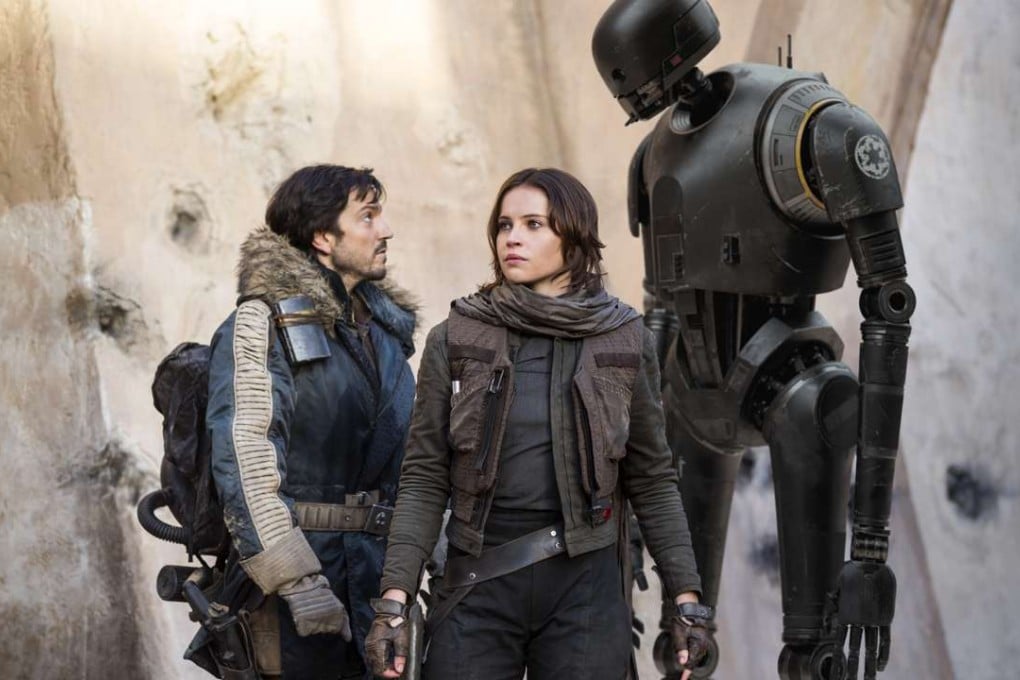 Cassian Andor (Diego Luna), Jyn Erso (Felicity Jones) and K-2SO (Alan Tudyk) in Rogue One: A Star Wars Story. Photo: Lucasfilm