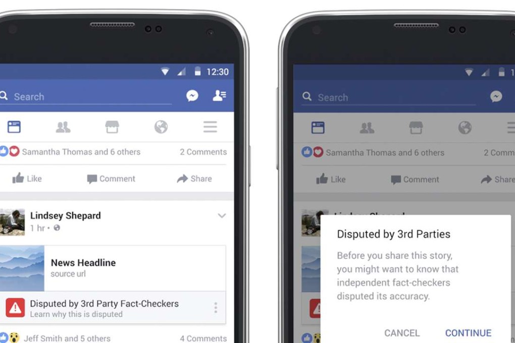 This pair images provided by Facebook demonstrates some of the new measures Facebook is taking to curb the spread of fake news on its huge and influential social network. Photo: AP