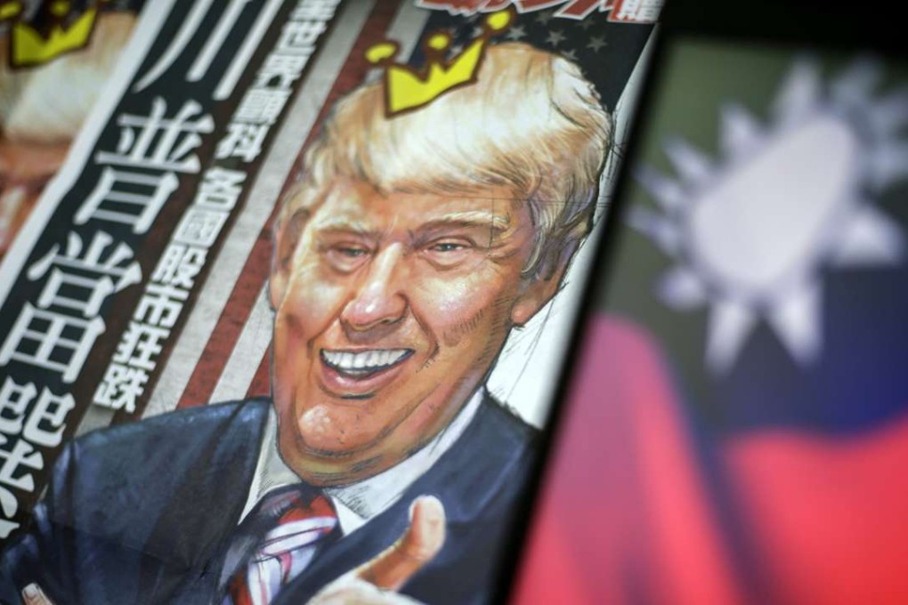 A newspaper illustration of US President-elect Donald Trump next to the flag of Taiwan in Taipei, Taiwan. Photo: EPA