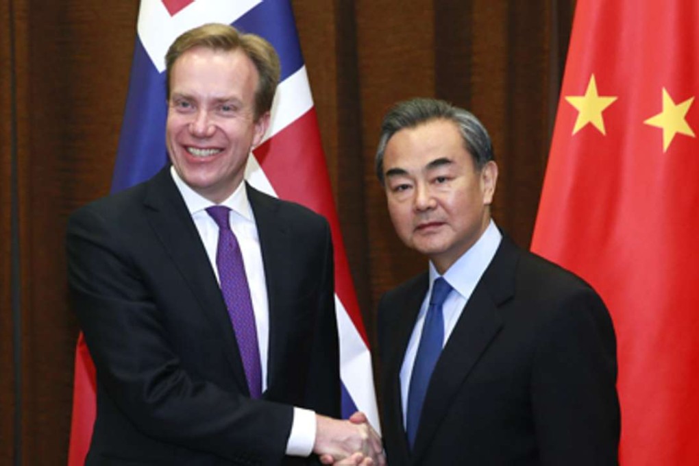Chinese Foreign Minister Wang Yi (right) with Norwegian counterpart Børge Brende in Beijing on Monday. Photo: Chinese Ministry of Foreign Affairs