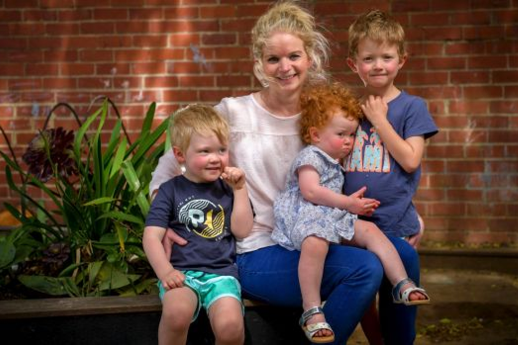 Charlotte Grills with her three children, Harry 6, Gus 3 and Clementine 18 months. Photo: Eddie Jim