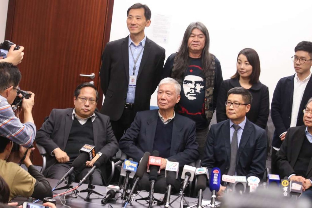Lawmakers (back, from left) Edward Yiu, Leung Kwok-hung, Lau Siu-lai and Nathan Law, with (front, from left) former Democratic Party chairman Albert Ho Chun-yan, the Reverend Chu Yiu-ming, Chan Kin-man and Joseph Cheng. Photo: David Wong