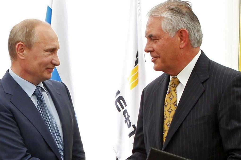 Russian President Vladimir Putin and Exxon Mobil CEO Rex Tillerson, now US secretary of state-designate, at the signing ceremony for an agreement with Russia’s Rosneft, at the Black Sea port of Tuapse, southern Russia, in 2012. Photo: AP