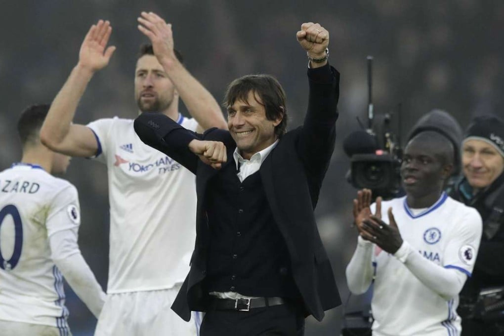 Chelsea manager Antonio Conte celebrates after the win over Crystal Palace. Photo: AP