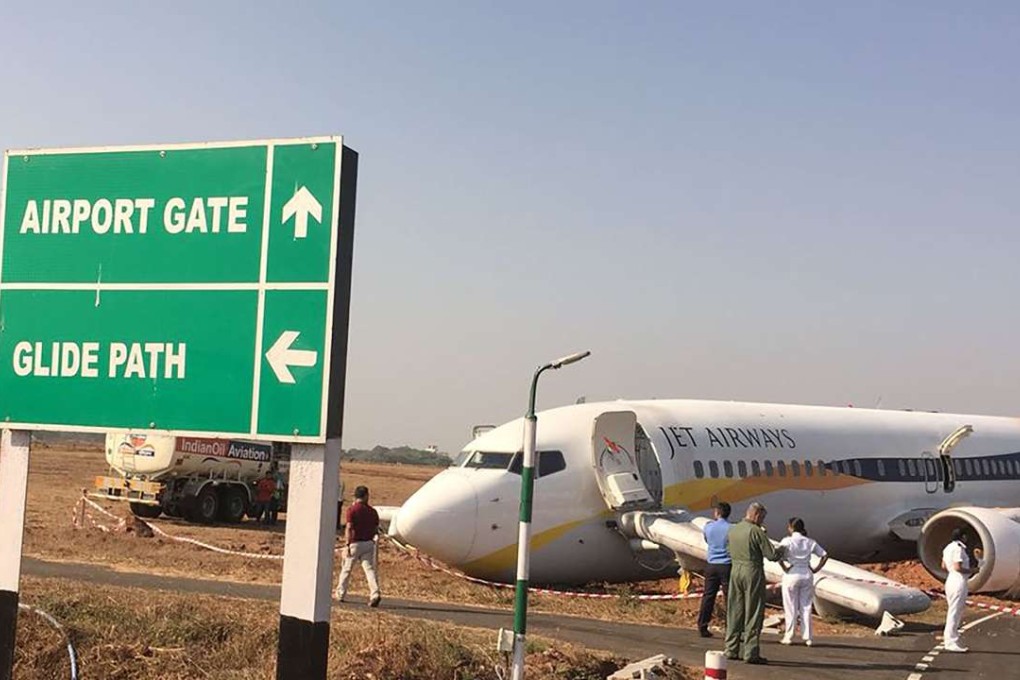 The damaged Jet Airways Boeing 737 after it skidded off the runway following an aborted take-off at the Goa Airport in Dabolim, India's western resort state of Goa. Photo: AFP