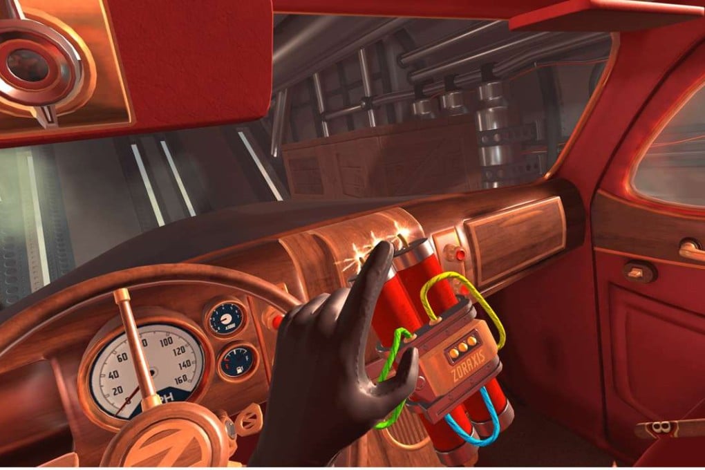 A still from I Expect You to Die. The James Bond theme is evident.