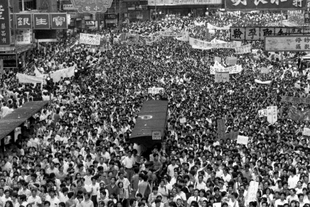 Supporters of democracy march down Kings Road in North Point on May 21, 1989, to protest against martial law in Beijing. Photo: SCMP Pictures