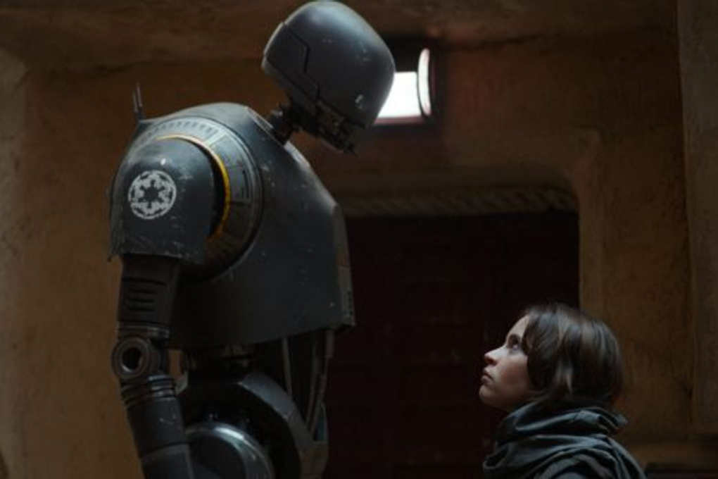 Robot K-2SO (left, with Felicity Jones as Jyn Erso) is the undisputed star in the latest Star Wards installment. A sign of things to come? Photo: AP