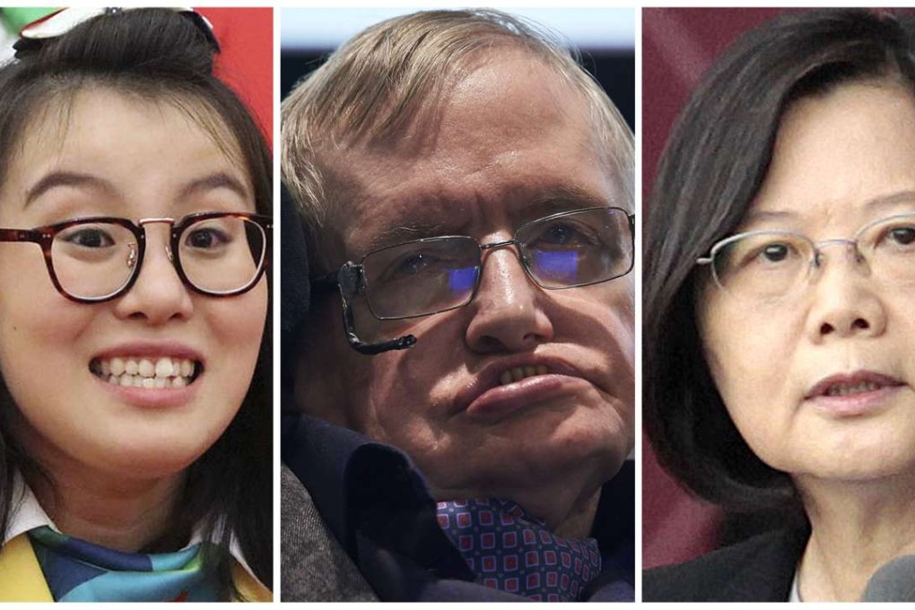 Olympic swimmer Fu Yuanhui, British scientist Stephen Hawking and Taiwanese President Tsai Ing-wen were among the internet phenomena that took China in 2016. Photo: SCMP Pictures