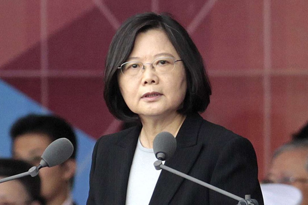 Taiwan's President Tsai Ing-wen delivers a speech during National Day celebrations in front of the Presidential Building in Taipei, Taiwan. Taiwan's president will transit through Houston and San Francisco next month while travelling to Central America, stops that will likely irritate Beijing, which has urged Washington to prevent the self-ruled island's leader from landing in the United States. Photo: AP