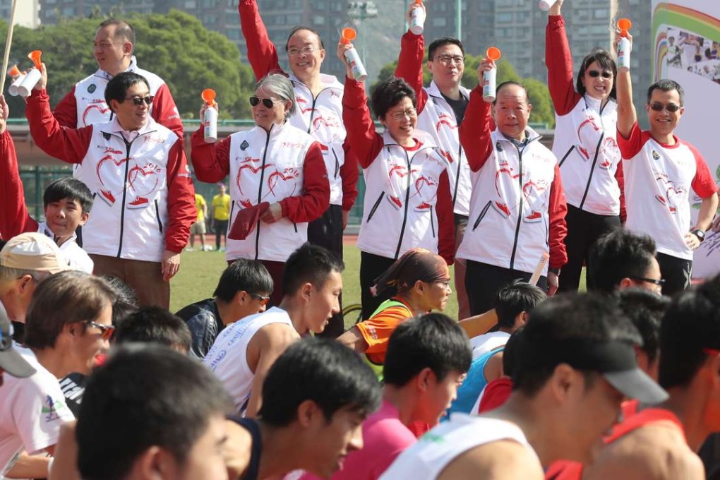 Carrie Lam (centre) at a charity event on Saturday at the Hong Kong Sports Institute. Photo: Bruce Yan