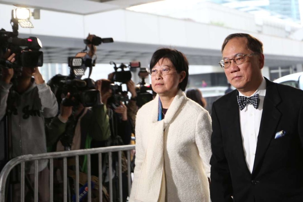 Former Hong Kong chief executive Donald Tsang (right) accompanied by his wife Selina Tsang outside the High Court on Tuesday. Photo: Xiaomei Chen