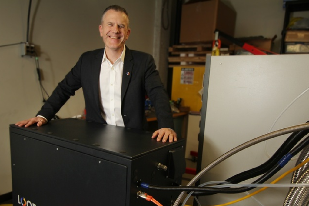Loop Energy CEO Ben Nyland with his company’s new hydrogen fuel cell at the Institute for Fuel Cell Innovation at UBC. Photo: Rob Kruyt