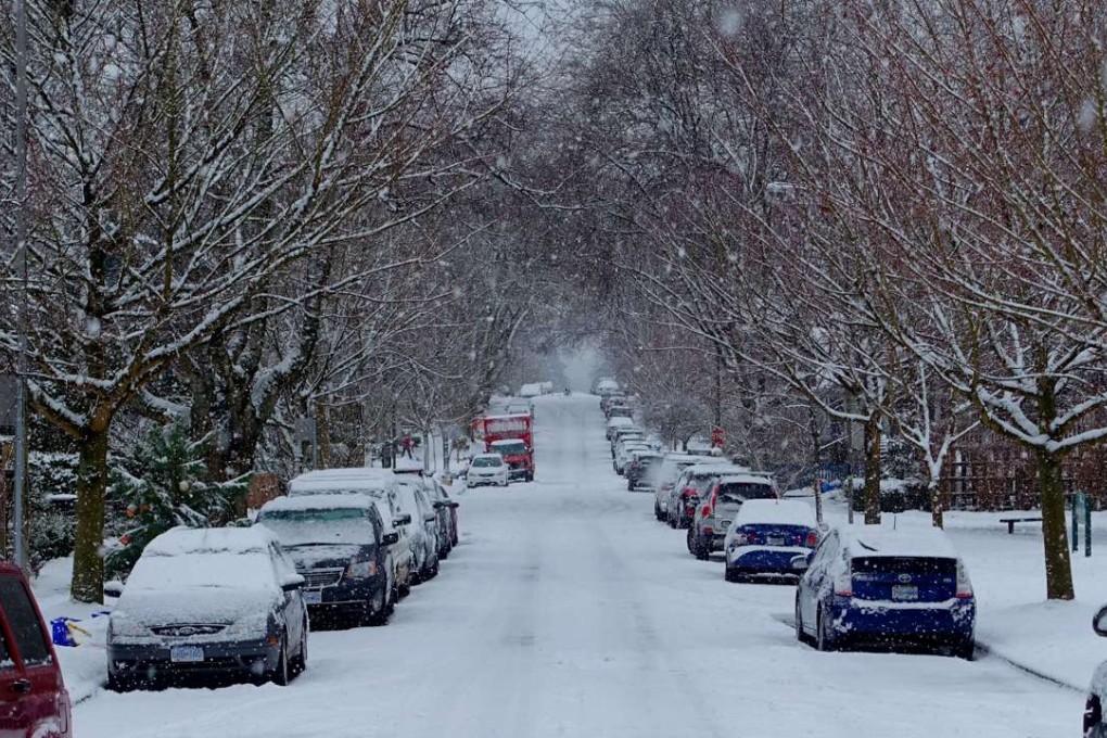 Snow falls on a Vancouver Eastside street on December 31, 2016. Photo: Ian Young