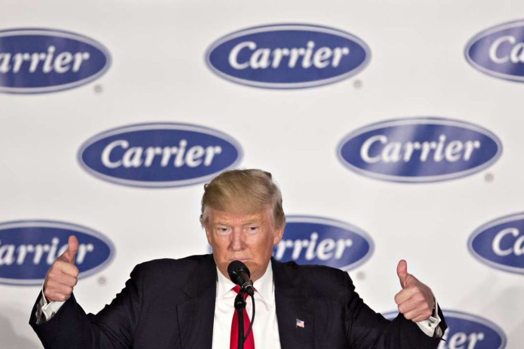 US President-elect Donald Trump speaks at Carrier Corp in Indianapolis, Indiana, on December 1. Trump worked out a deal to keep jobs at the Carrier manufacturing plant from being moved to Mexico, in keeping with his campaign promise to “make America great again”. Photo: Bloomberg
