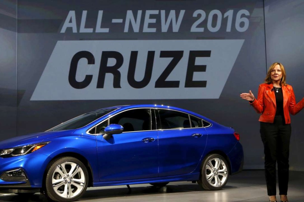 General Motors CEO Mary Barra talks about the new 2016 Chevy Cruze vehicle in Detroit, Michigan. Photo: Reuters