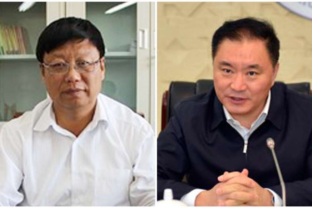 He Jun (left), party chief of Karakax county, Hotan, and Zhang Jinbiao, party secretary of Hotan prefecture in Xinjiang, have been placed under investigation. Photo: Handout