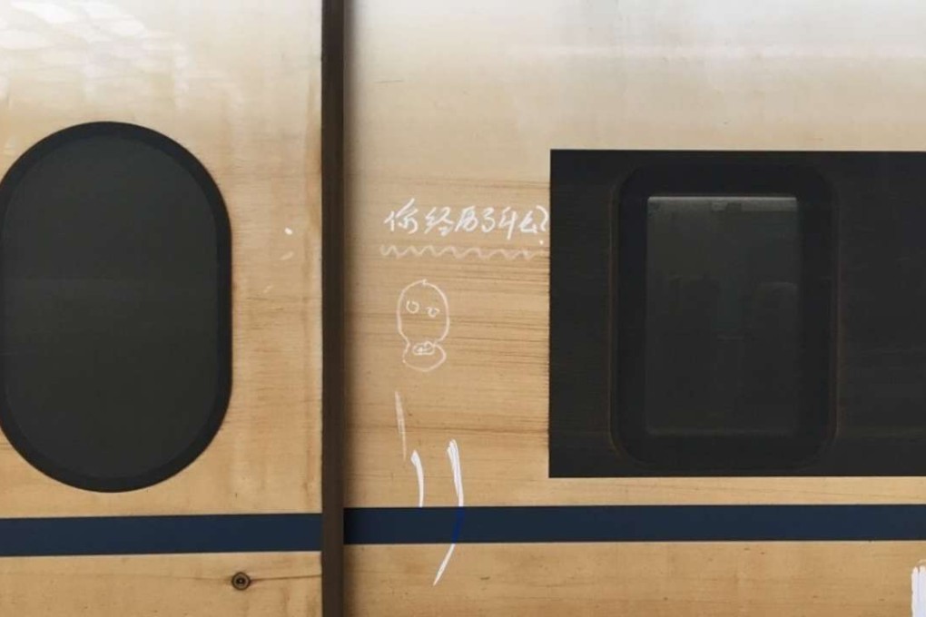 Chinese characters, saying ‘What have you gone through?’, which were written in the dirt on the outside of a high-speed train. Photo: Handout