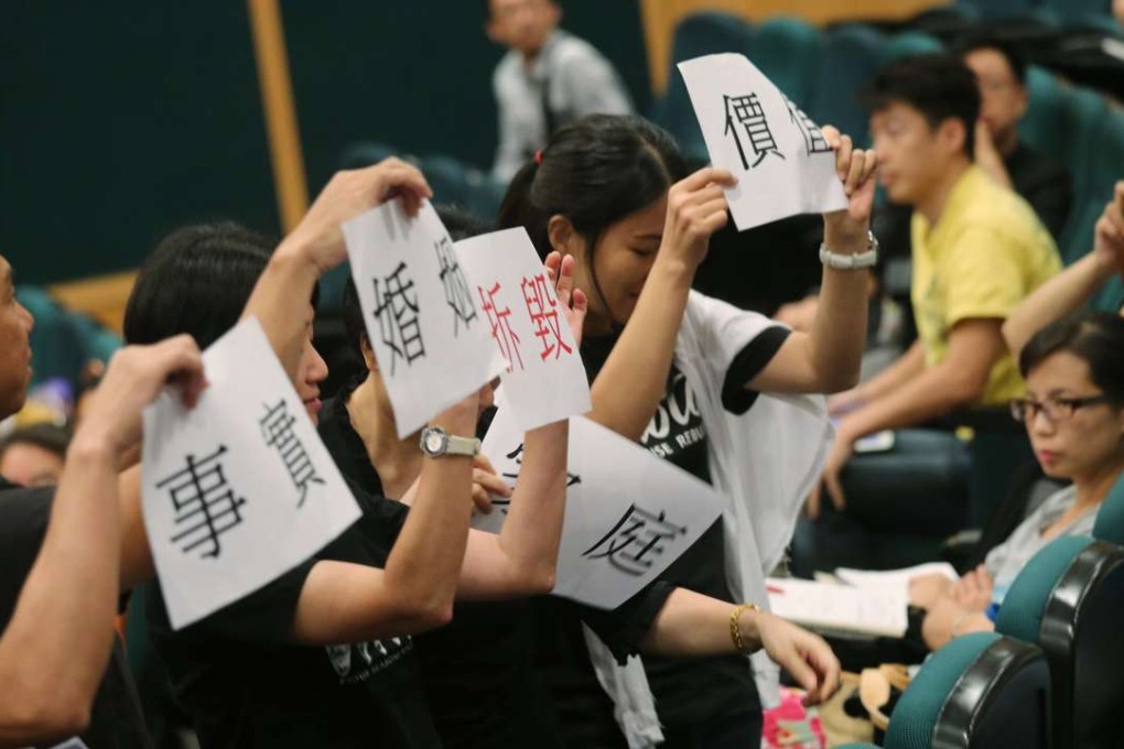 Family values advocates protest to Equal Opportunities Commission over a consultation document endorsing same-sex marriage. Photo: David Wong