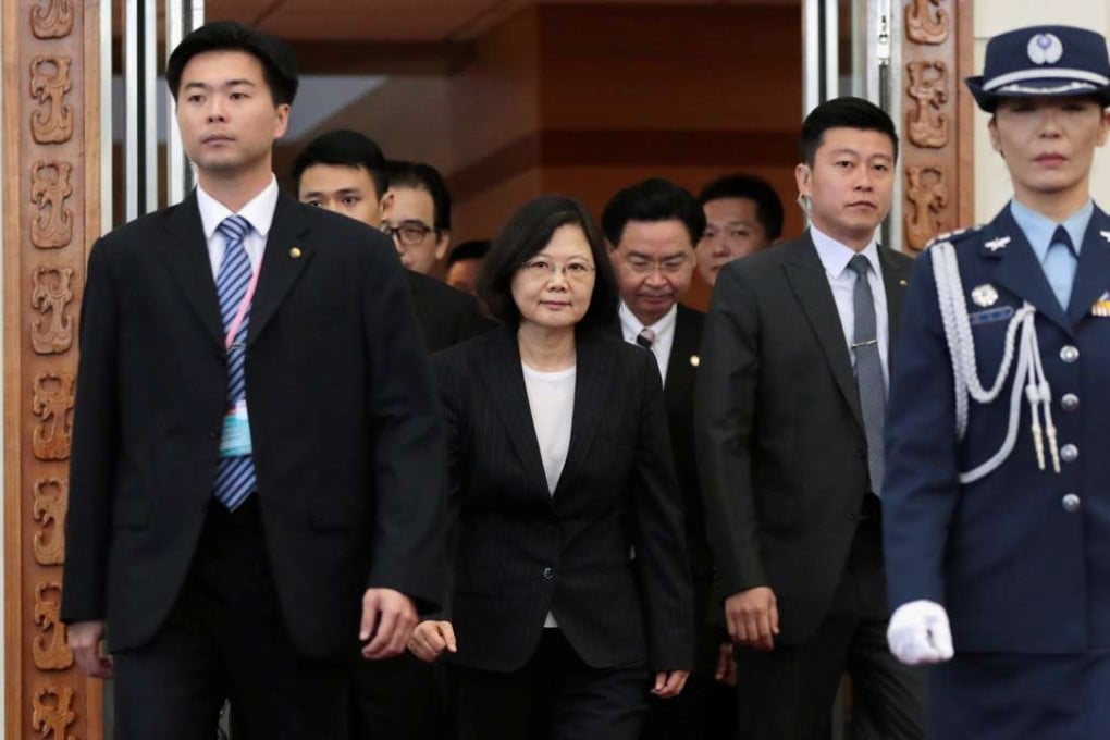 Taiwanese President Tsai Ing-wen, centre, departs on a visit to allied nations in Central America from Taoyuan International Airport, Taiwan, on Sunday. Photo: Reuters