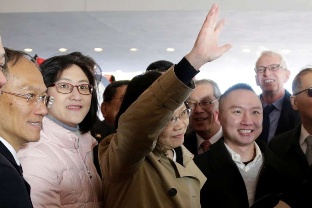 Taiwanese President Tsai Ing-wen (centre) waves to supporters as she arrives at her hotel in Houston during a stopover on her way to Central America. Photo: Reuters