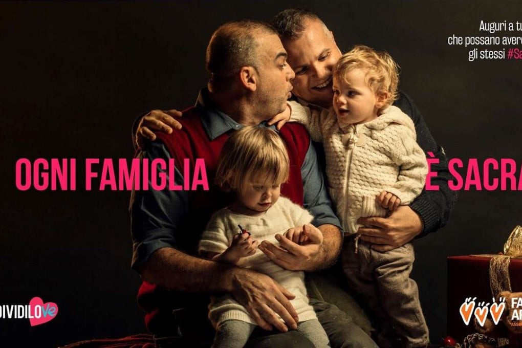 A promotional image by an Italian group devoted to the rights of same-sex parents and their children, Famiglie Arcobaleno, bearing the slogan, Every Family is Sacred. Photo: Facebook / Famiglie Arcobaleno