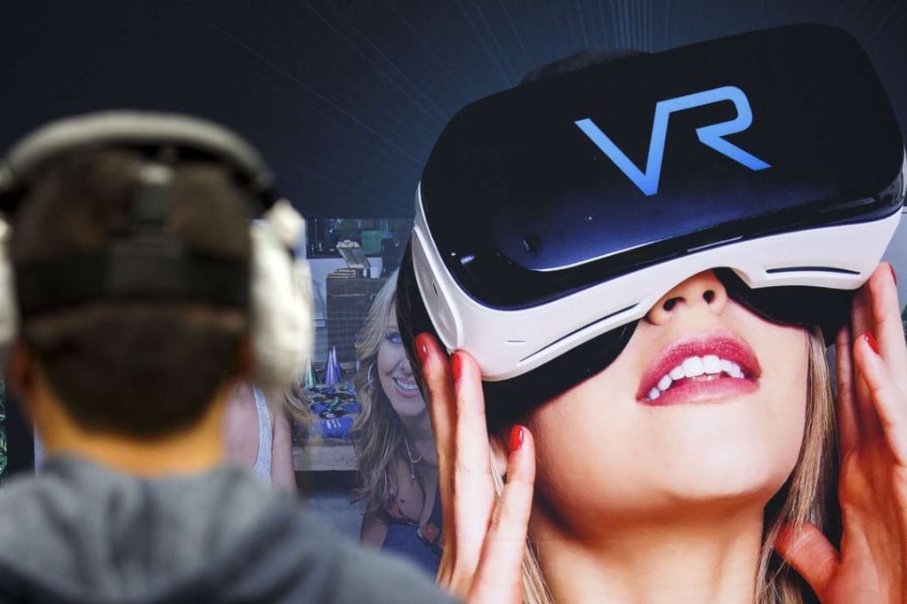 An attendee wearing a virtual reality headset watches a preview of an adult video produced by Naughty America VR in front of a promotional banner during the 2017 Consumer Electronics Show in Las Vegas. Photo: Bloomberg