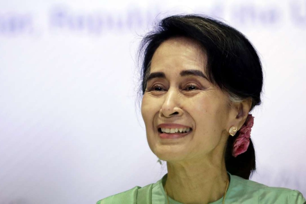 Myanmar's Foreign Minister Aung San Suu Kyi speaks at the International Enterprise Singapore Global Conversations round table event in Singapore. Photo: AP