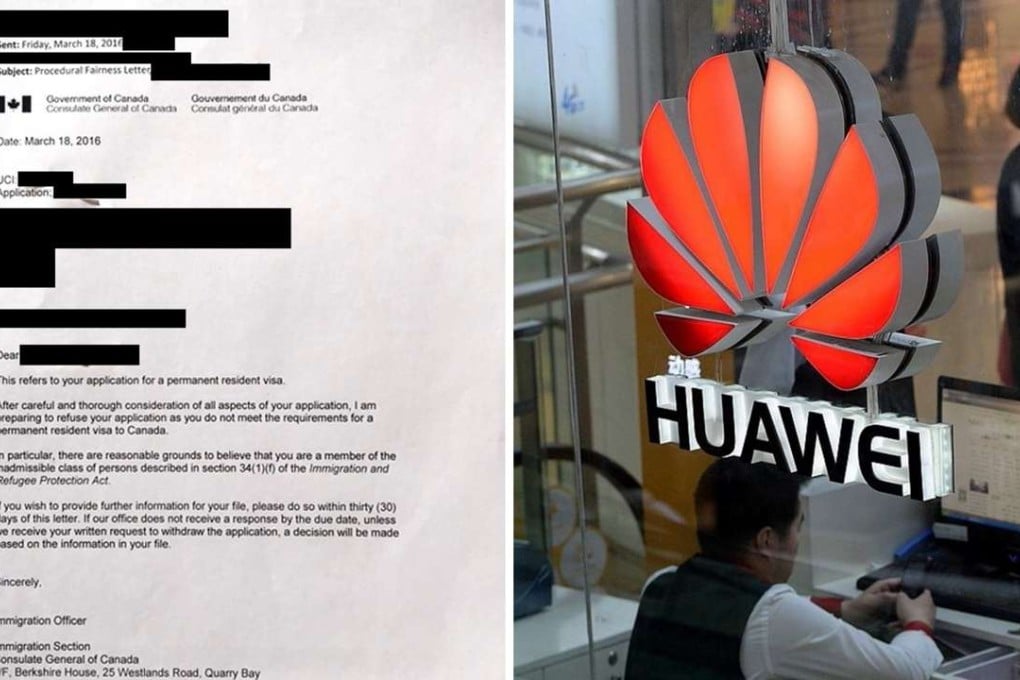 A combination photo shows (left) a letter obtained by the South China Morning Post last year that said Canadian immigration authorities were preparing to reject the immigration application of a then-employee of Chinese tech firm Huawei, on the grounds of suspected espionage. At right, a Huawei store in Beijing. Photos: SCMP and AFP