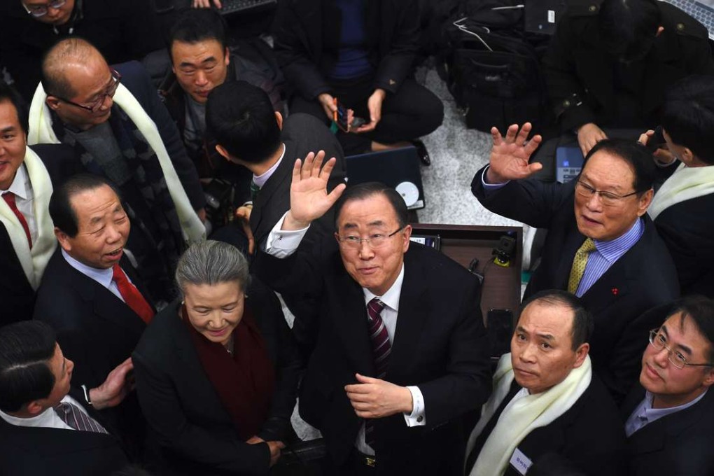 Former UN secretary general Ban Ki-moon waves as he arrives at the Incheon International Airport. Photo: AFP