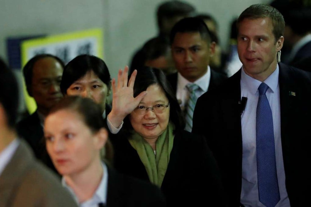 Taiwan’s President Tsai Ing-wen waves as she arrives at a hotel during her stopover in California on Friday. Photo: Reuters