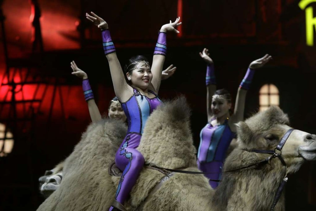 Ringling Bros. and Barnum & Bailey acrobats ride camels during a performance Saturday, Jan. 14, 2017, in Orlando, Fla. The Ringling Bros. and Barnum & Bailey Circus will end the "The Greatest Show on Earth" in May, following a 146-year run of performances. Kenneth Feld, the chairman and CEO of Feld Entertainment, which owns the circus, told The Associated Press, declining attendance combined with high operating costs are among the reasons for closing. (AP Photo/Chris O'Meara)