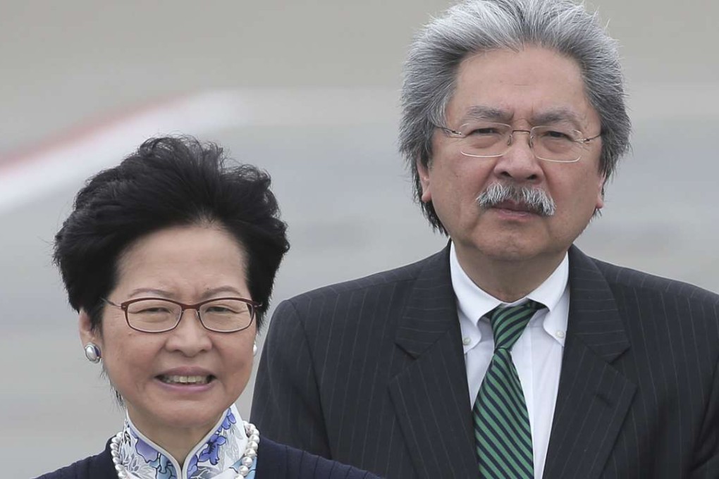 Hong Kong’s chief executive race is shaping up to be tense between former No. 2 official John Tsang and No. 3 official Carrie Lam. Photo: AP