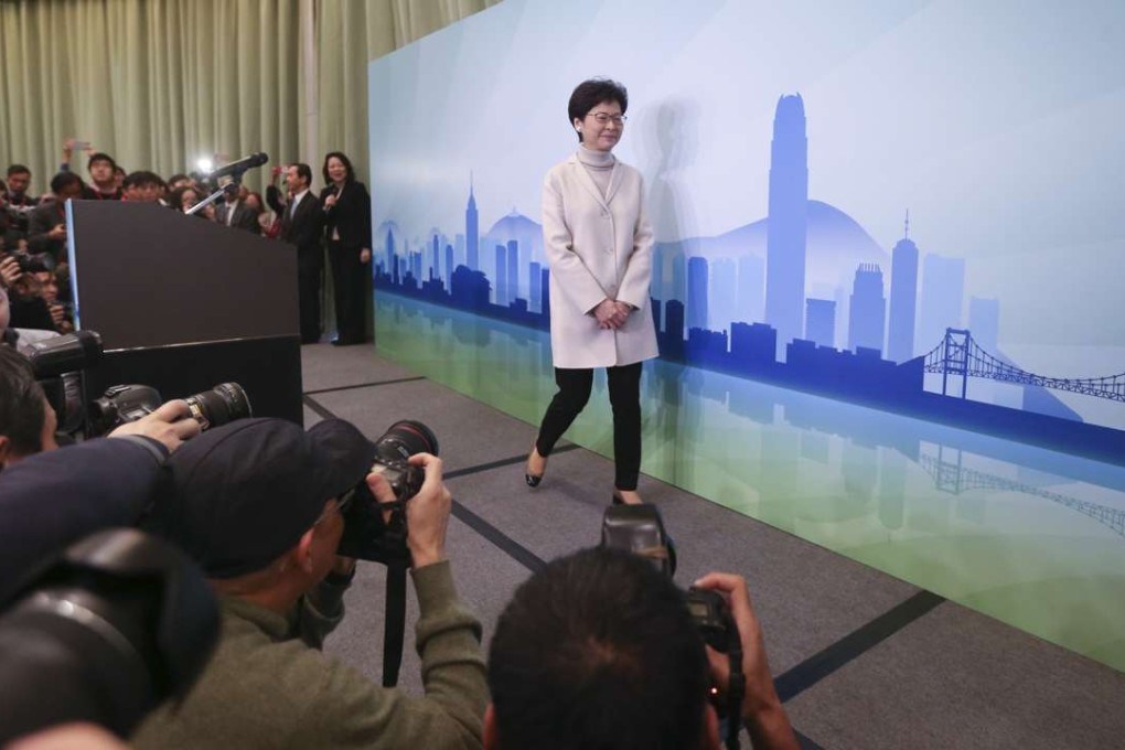 Former chief secretary Carrie Lam Cheng Yuet-ngor holds a press conference to announce her intention to enter the chief executive race in March. Photo: K. Y. Cheng